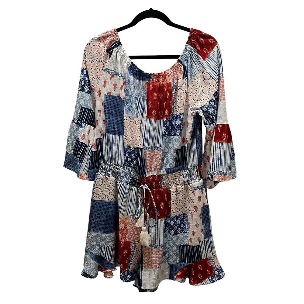 Cato Patchwork Floral 3/4 Bell Sleeve Boho Shorts Romper Tassels Womens Size L